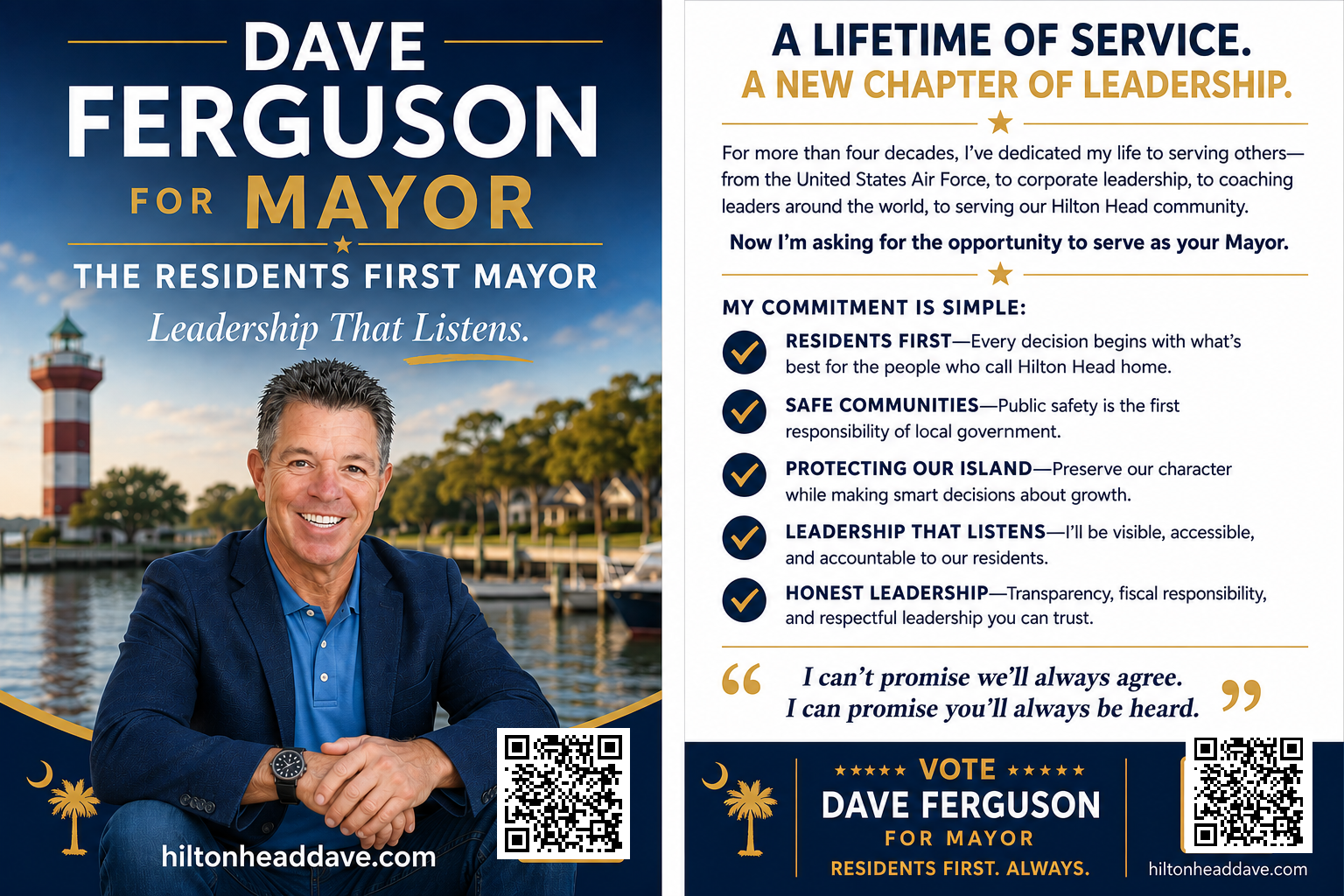 Dave Ferguson for Mayor campaign mailer, front and back, featuring the slogan The Residents First Mayor and five commitments.