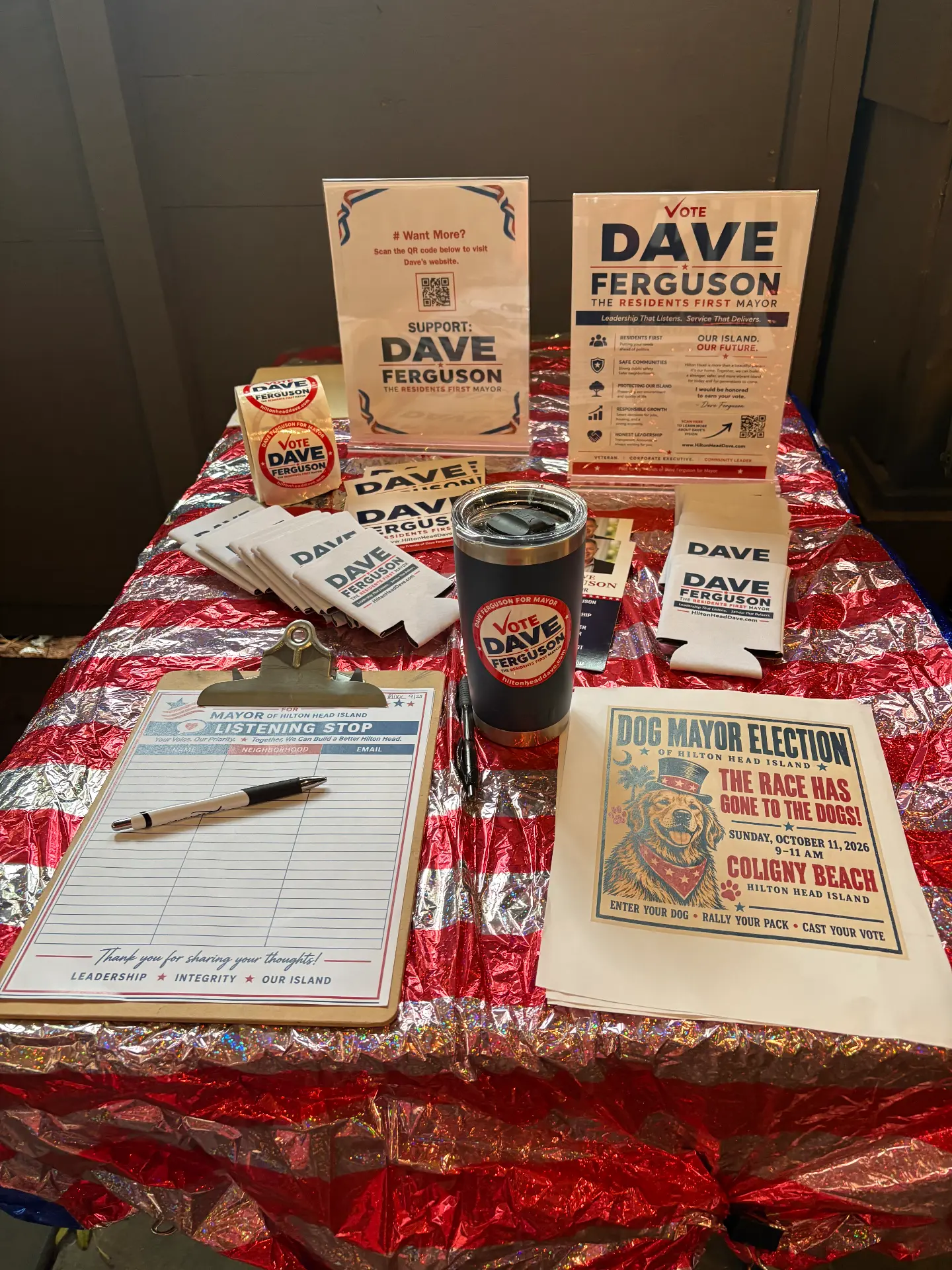 Dave Ferguson campaign materials at a listening stop